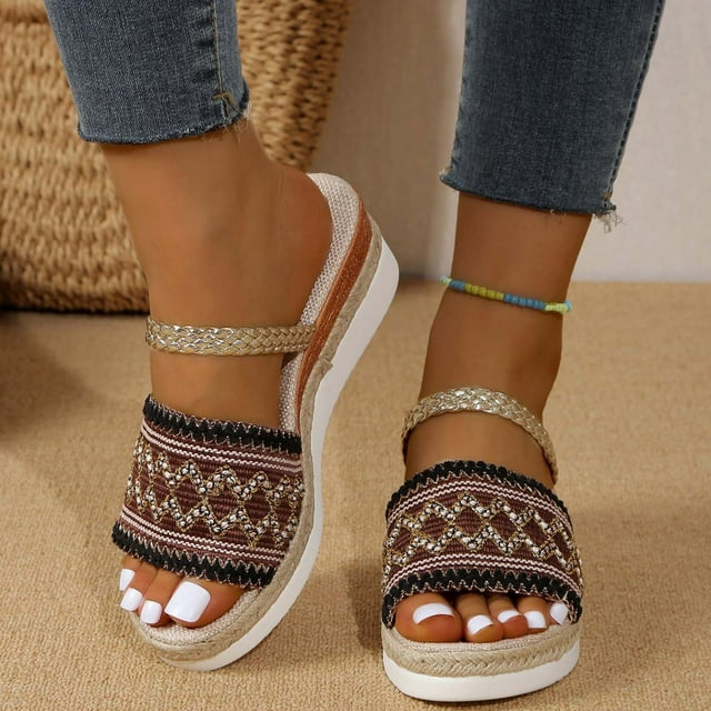 Styesk Womens Sandals Women's Summer New Big Size One Line Color Knitted Fish Mouth Platform Wedge Sandals