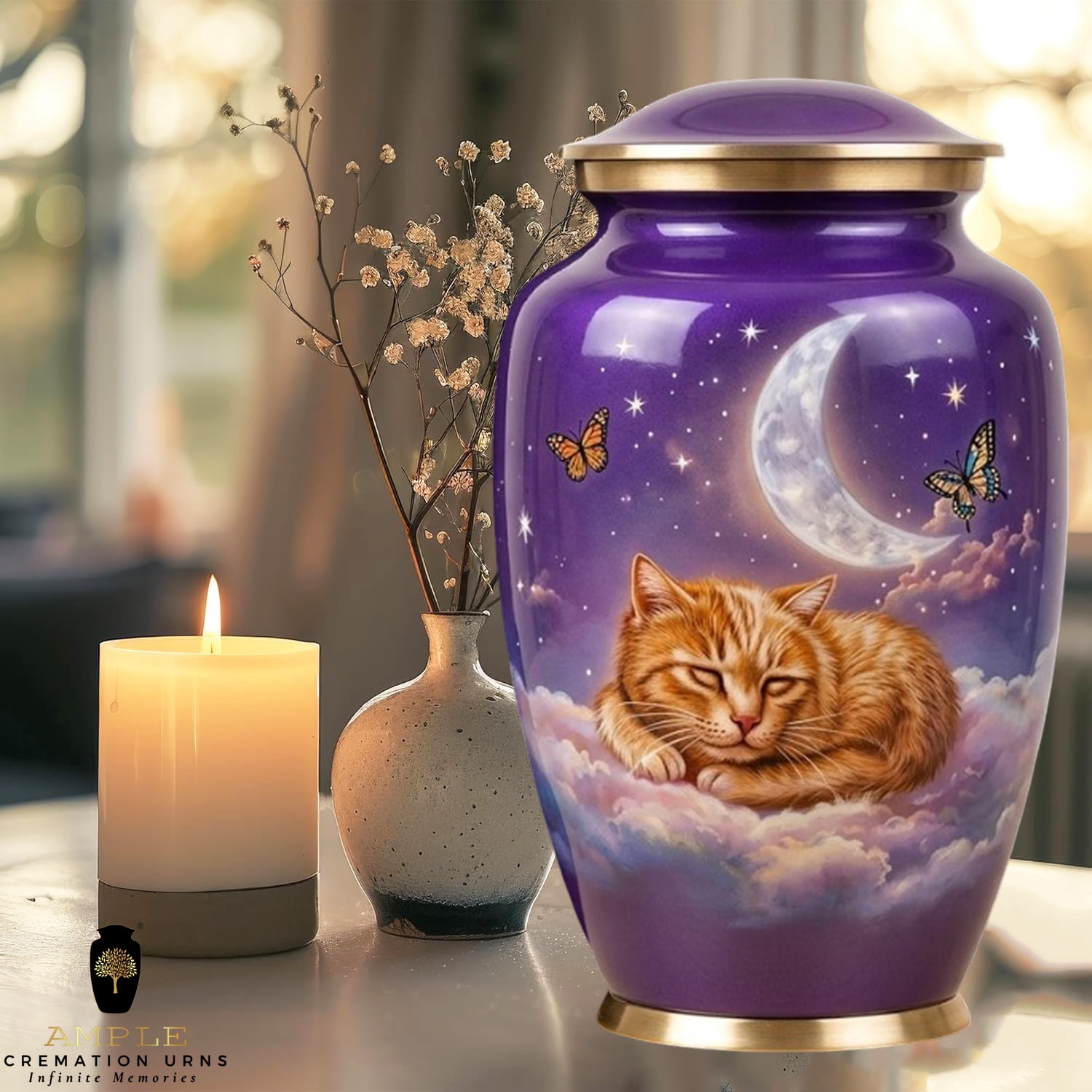 Purple Cat Cremation Urn – Pet Memorial Urn with Moon & Stars Design 10 inch premium