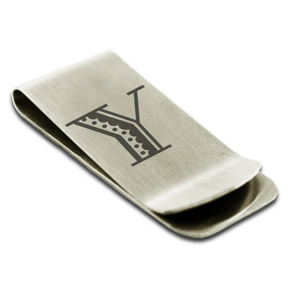 Stainless Steel Letter Y Initial Metro Retro Monogram Engraved Engraved Money Clip Credit Card Holder