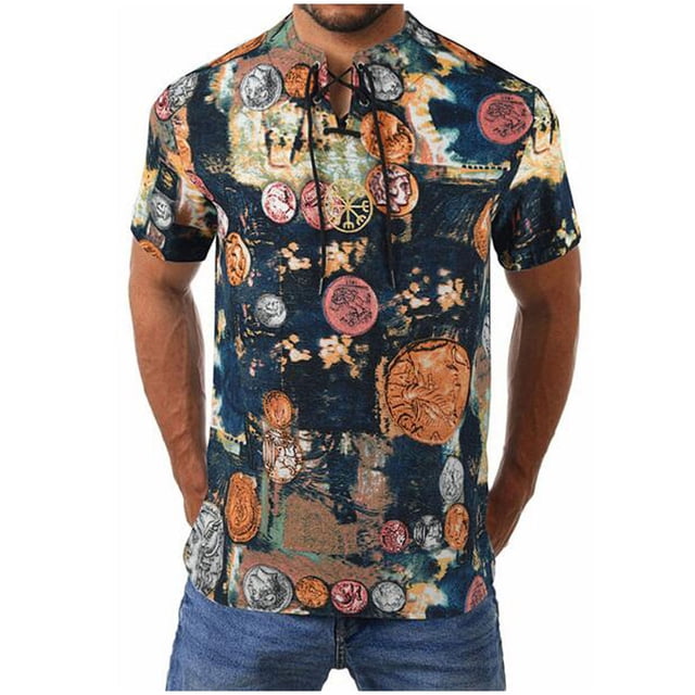 CEHVOM Chemise à Manches Courtes Imprimée en Coton Lin Confortable pour Hommes Mode Décontractée