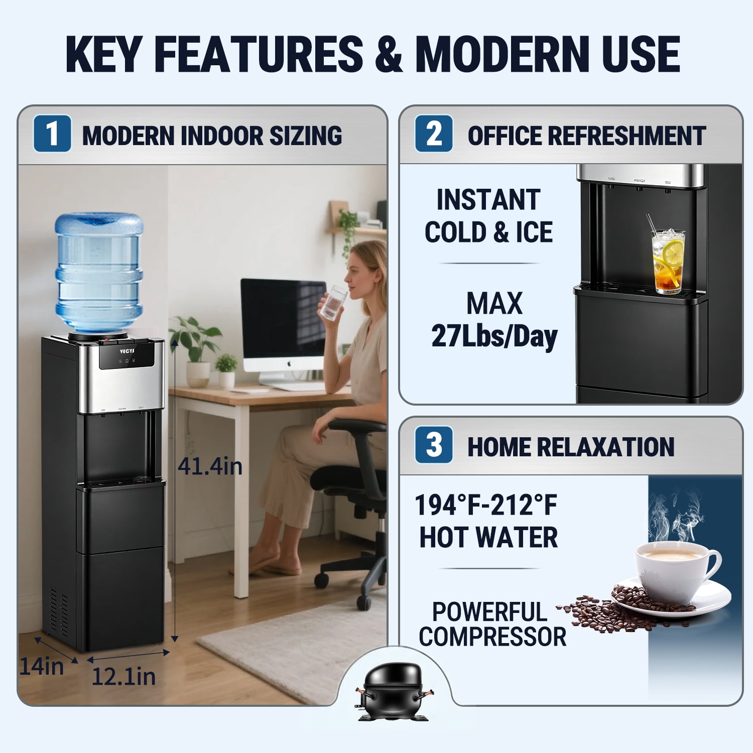 VECYS Water Dispenser with Ice Maker 3 5 gal, 27LBS Daily Ice & Child Lock