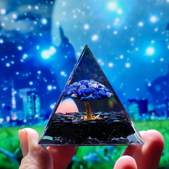 Orgonite Pyramid Resin Display Decorations with Brass & Natural Lazuli Chips Tree of Life Inside for Home Office 50x50mm