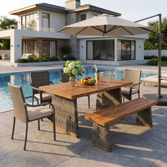 Christopher Knight Home 6-Piece Outdoor Dining Set, Acacia Wood Table & Bench with Patio Chairs and Cushions