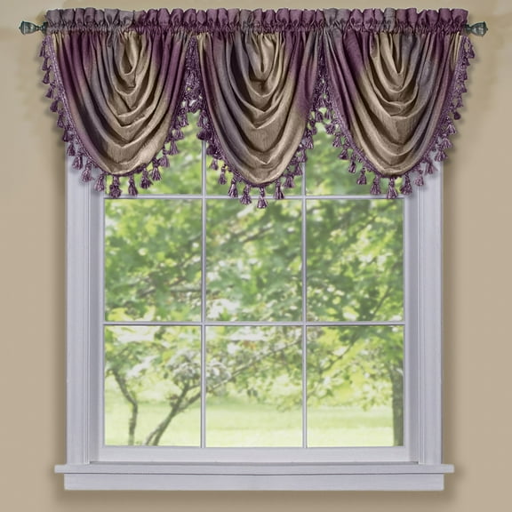 Ombre Aubergine Striped Modern Window Curtain Panel: Tasseled Waterfall Valance