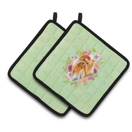 

7.5 x 7.5 in. Yorkshire Terrier No.2 Green Flowers Pair of Pot Holders