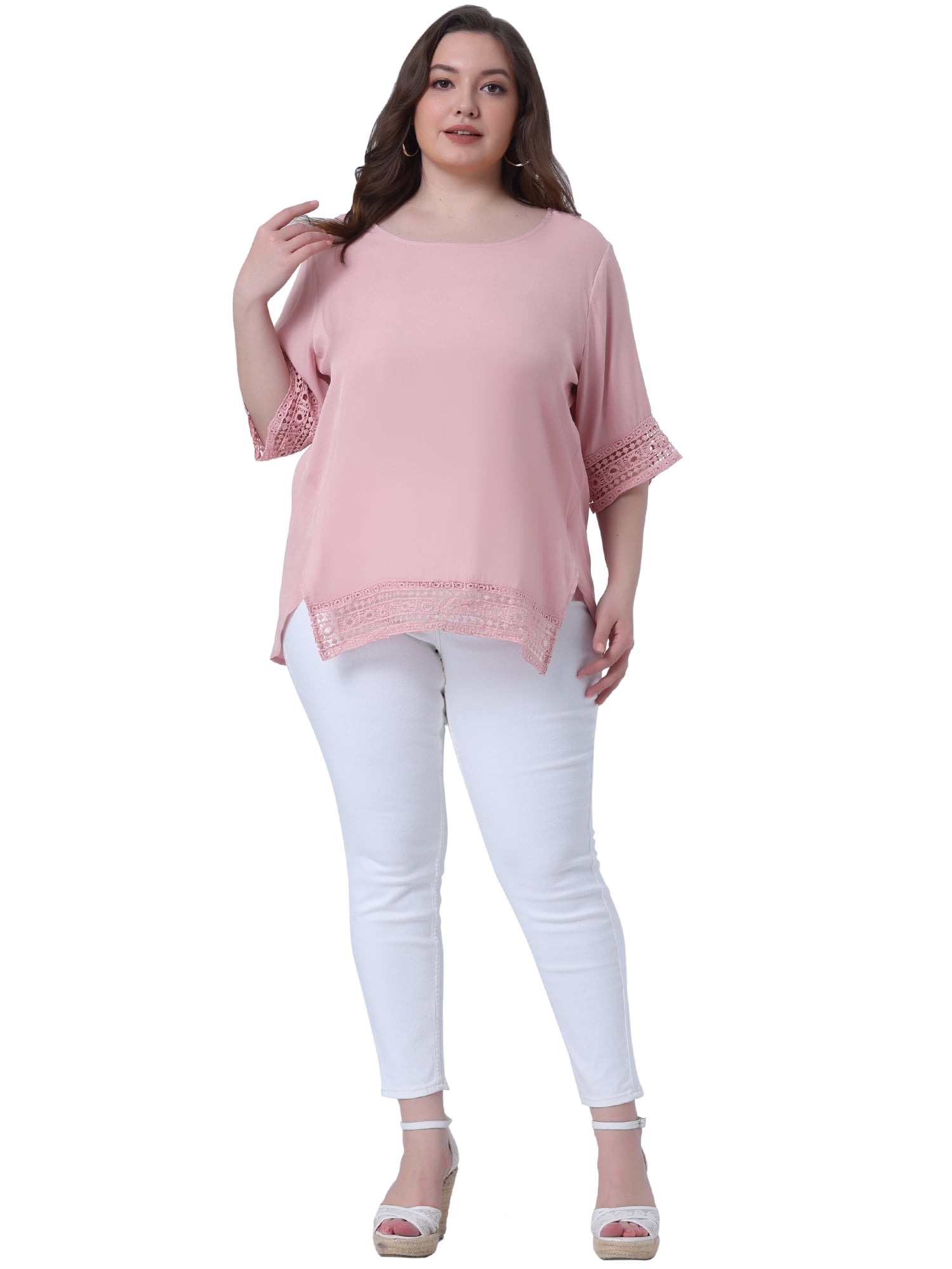 Women's Plus Summer Tops Lace Crochet Short Sleeve Casual Blouses 4X Light Pink