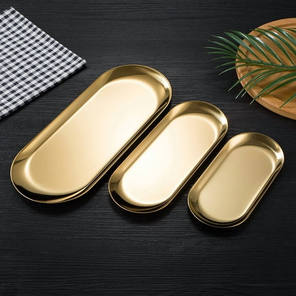 Zhuge 3pcs Gold Oval Steel Trinket Tray,Towel Storage Dish Plate Tea Fruit Trays Cosmetics Jewelry Plate,Decorative Storage Tray