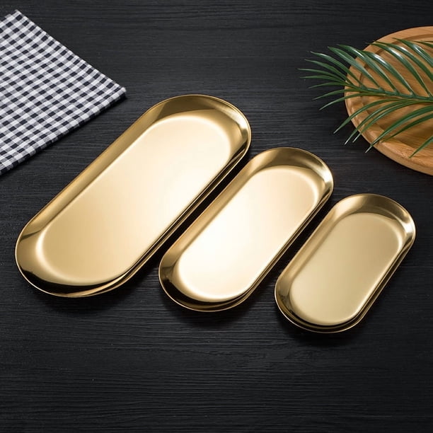 Xiao Hua Bandeja ovalada de acero dorado para guardar joyas, 3 unidades, para toallas, té, frutas, cosméticos y joyas, bandeja decorativa.