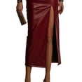 thumbnail image 2 of Women High Waisted Leather Front Thigh Slit Wrap Midi Skirt Long Pencil Bodycon Wine Red L, 2 of 6