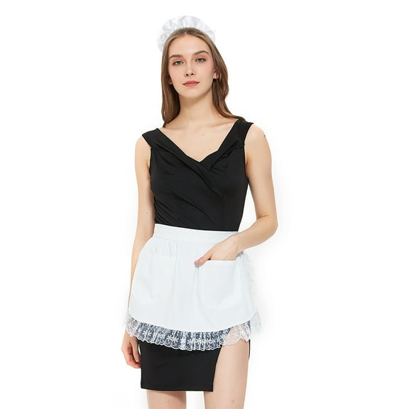 Toptie Cotton Lace Waist Apron with Headband for Women, Christmas Cosplay Maid Costume Accessory