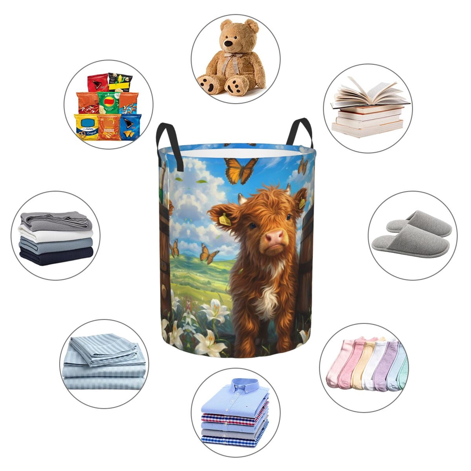 Large Laundry Basket with Handles - Calf Butterflies Lilies A Kids Baby Dirty Clothes Laundry Hamper for Bedroom Aesthetic