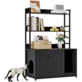 thumbnail image 2 of Historyli Caja de arena para gatos de 132 cm, mueble oculto con puertas y estantes, estante de almacenamiento de 3 niveles, color negro, 2 of 7