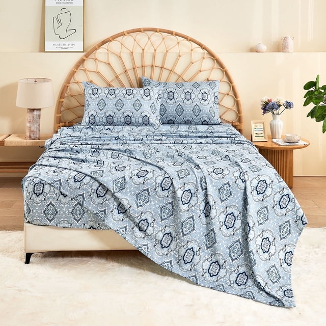 HITIME Juego de Sábanas Tamaño King 4 Piezas Incluye 1 Sábana Plana, 1 Ajustable & 2 Funda de Almohada, Suave Transpirable Microfibra de Poliéster, Diseño Estampado Moderno Fresco y Transpirable