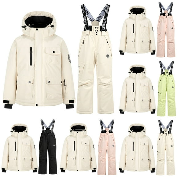 MKOSPLRT Kids Insulated Snowsuit Set Waterproof Bib Pants Hooded Rain Jacket Winter Ski Suit for Boys Girls Waterproof Snow Gear 3-14Y