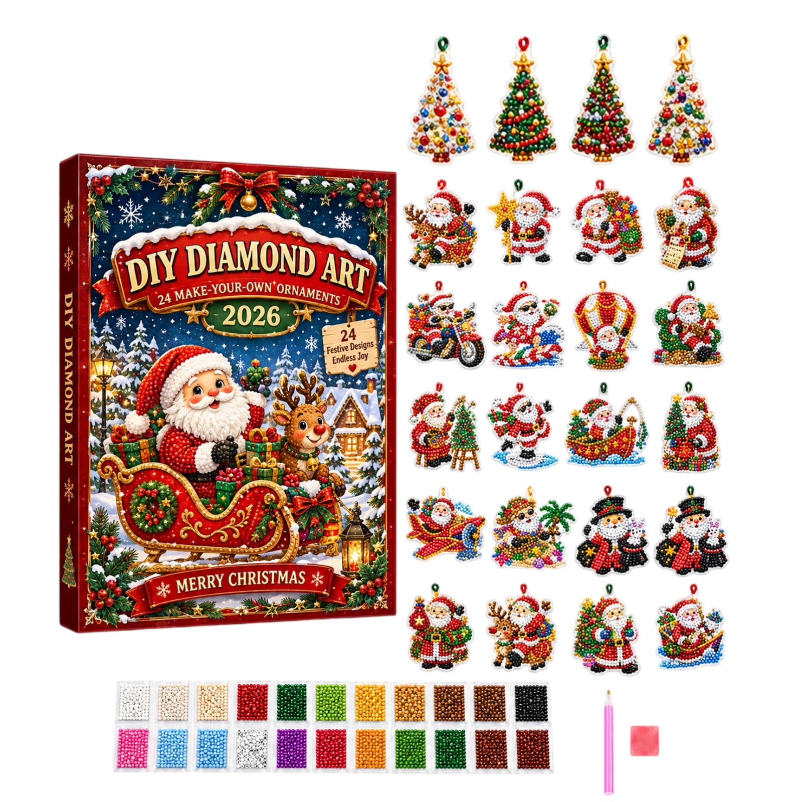2026 Christmas Advent Calendar 24‑Day Christmas Countdown Calendar With Santa Themed DIY Diamond Art Acrylic Hanging Ornaments Adults Craft Kit Christmas Tree Decor Holiday Surprise Gift