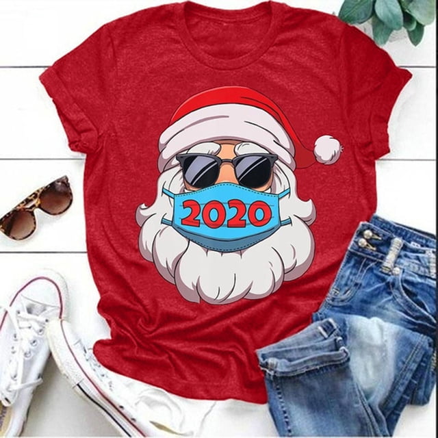 Pntutb Mujeres Moda Casual Manga corta Cuello redondo Impreso Feliz Navidad Camisa de algodón tops Pntutb Pntutb-4392