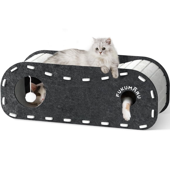 FUKUMARU Lits pour Chats d'Intérieur, Grande Grotte pour Multi-Animaux jusqu'à 22Lbs, Maison Pliable avec Boule Moelleuse Suspendue, Feutre Résistant aux Rayures
