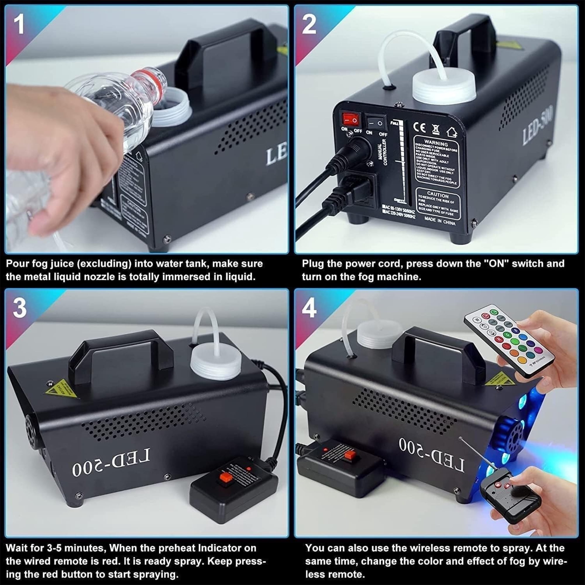 Fog Machine, Smoke Machine with 8 LED Lights 13 Colorful Effect, Wireless & Wired Remote Control, Perfect for Halloween, Wedding, Party and DJ Stage Effect