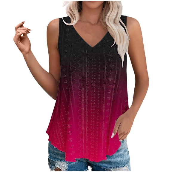 XuJwPNcy Womens V-Neck Sleeveless Tank Top Gradient Printed Summer Eyelet Loose Fit Tanks Casual Beach Outfits Clothes