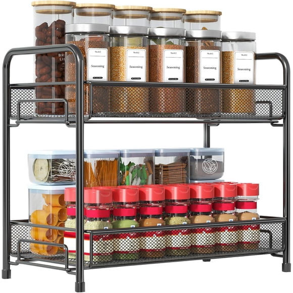 Organizador de Especias Plegable 2 Niveles Metal Negro con Barandilla y Malla Antideslizante para Encimera