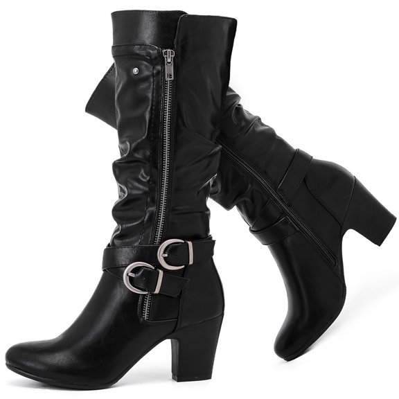 LOVE STEETLY Women's Knee High Slouchy Chunky Heel Boots, Side Zipper Round Toe Faux Leather Casual Comfort Versatile Boot