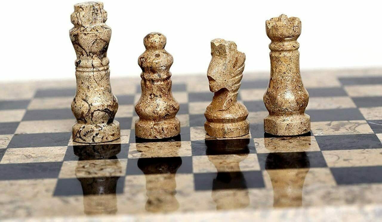 JT Handmade Fossil Coral and Black Marble Chess Set Game Original - 12 inches