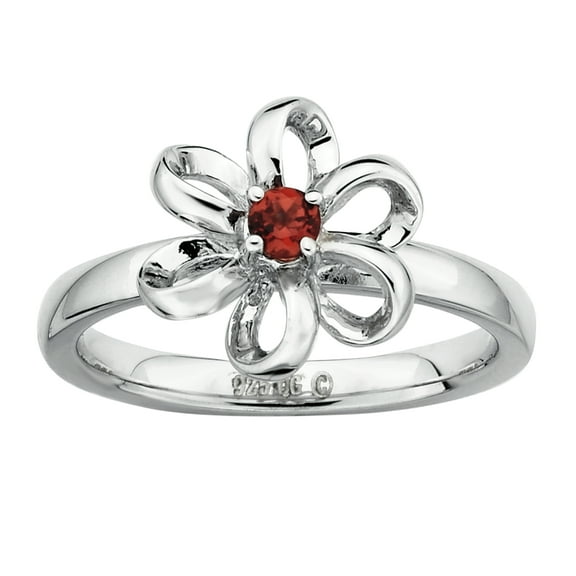 Sterling Silver Polished Garnet Flower Ring