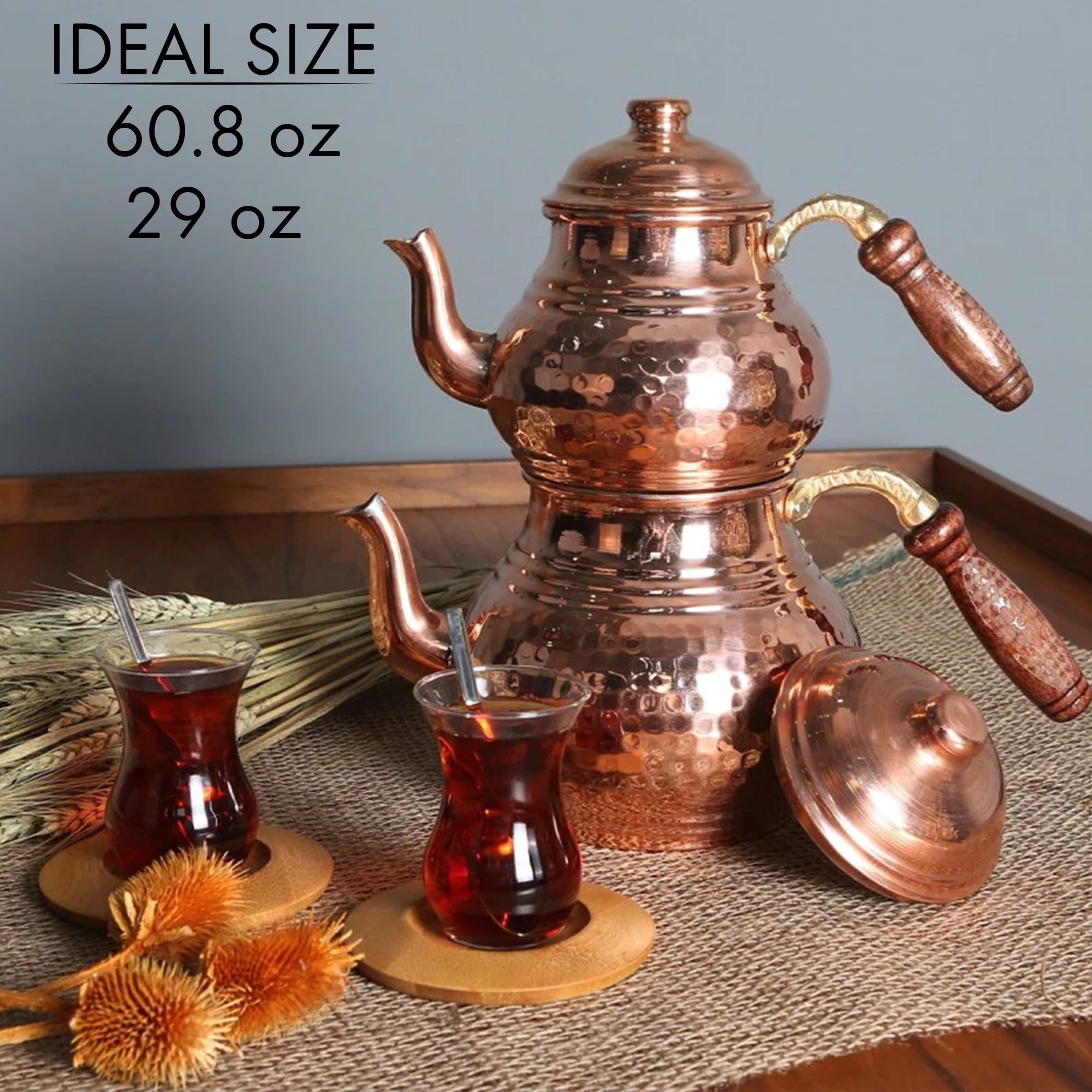 Turkish Handmade Tea Pot Set Copper Hammered Traditional Kettle, Samovar