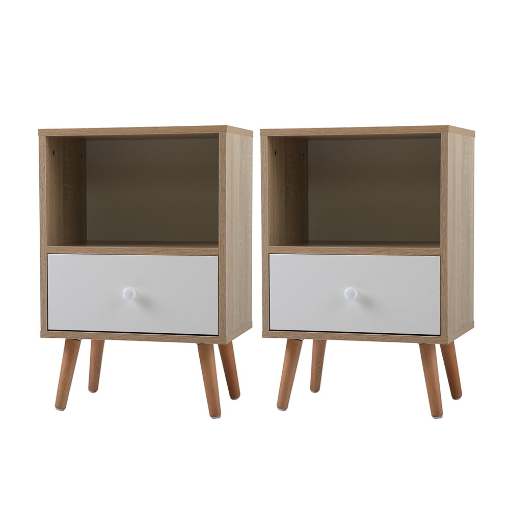 Kadyn Mid-century Wood Bedside Cupboard with 1-drawers, Bedside Cabinets with Storage, Natural-2PCS