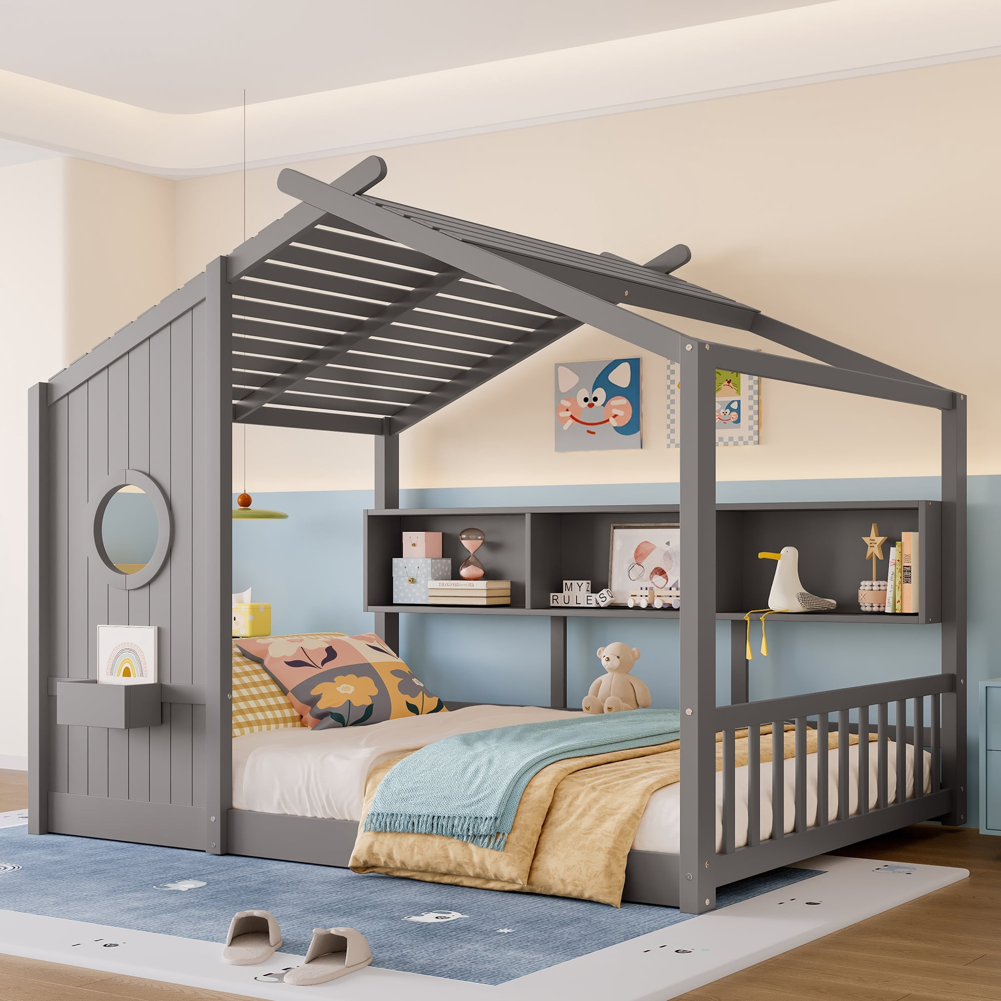Mintazer Full Size Montessori House Floor Bed with Gable Playhouse Roof & Storage Cubbies, Low Platform Bed Frame with Round Window Side Panel for Toddlers Kids Bedroom, Gray