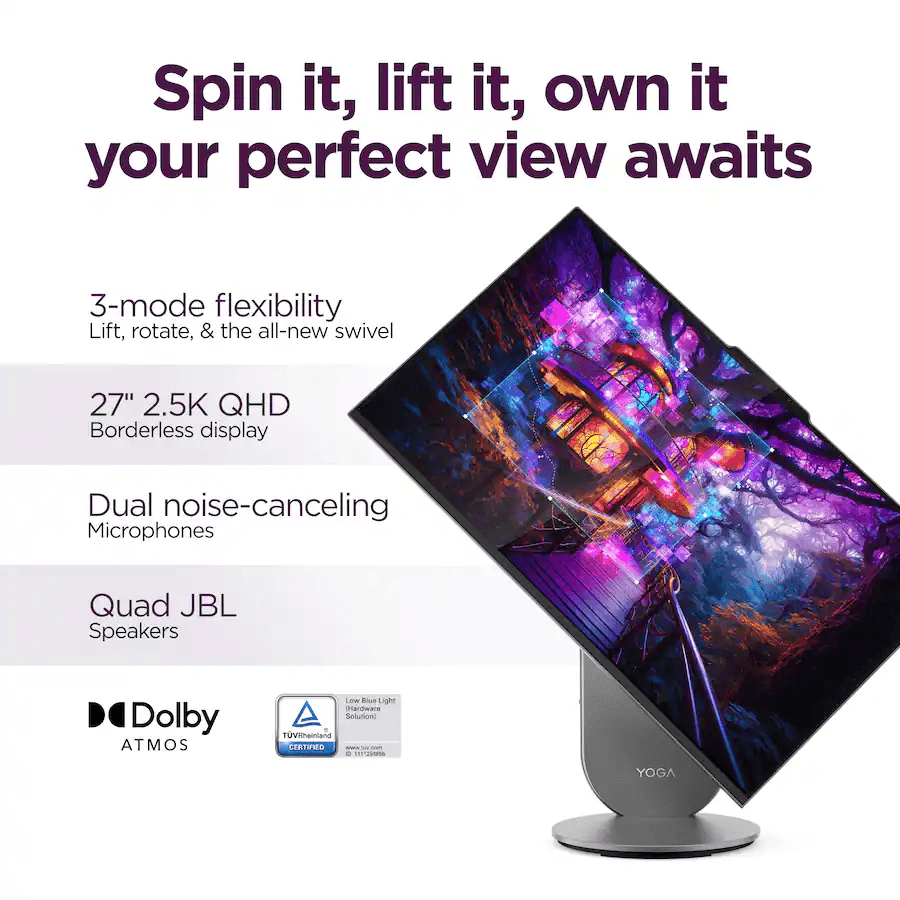 Lenovo Yoga AIO Premium All-in-One Desktop, 27" QHD 120Hz, Intel Core Ultra 7 255H, 16GB RAM, 1TB SSD, Windows 11 Home
