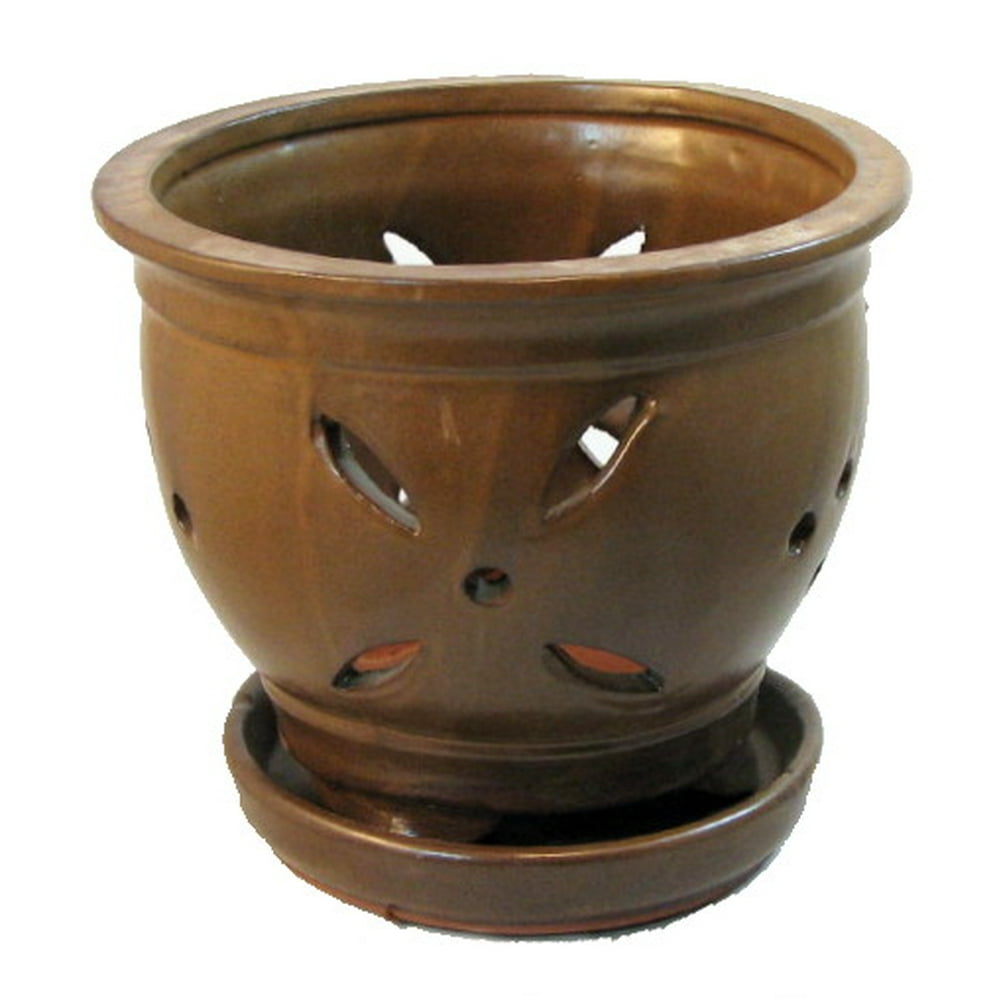Ceramic Orchid Pot/Saucer + Felt Feet 7 1/4" x 6 1/2" Brown Round