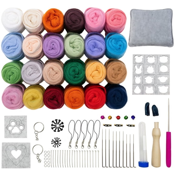 24 Colors Needle Felting Kit, Complete Wool Felting Supplies with Wool Roving, Felting Needles, Tools, Molds & Accessories, DIY Craft Set for Beginners & Adults