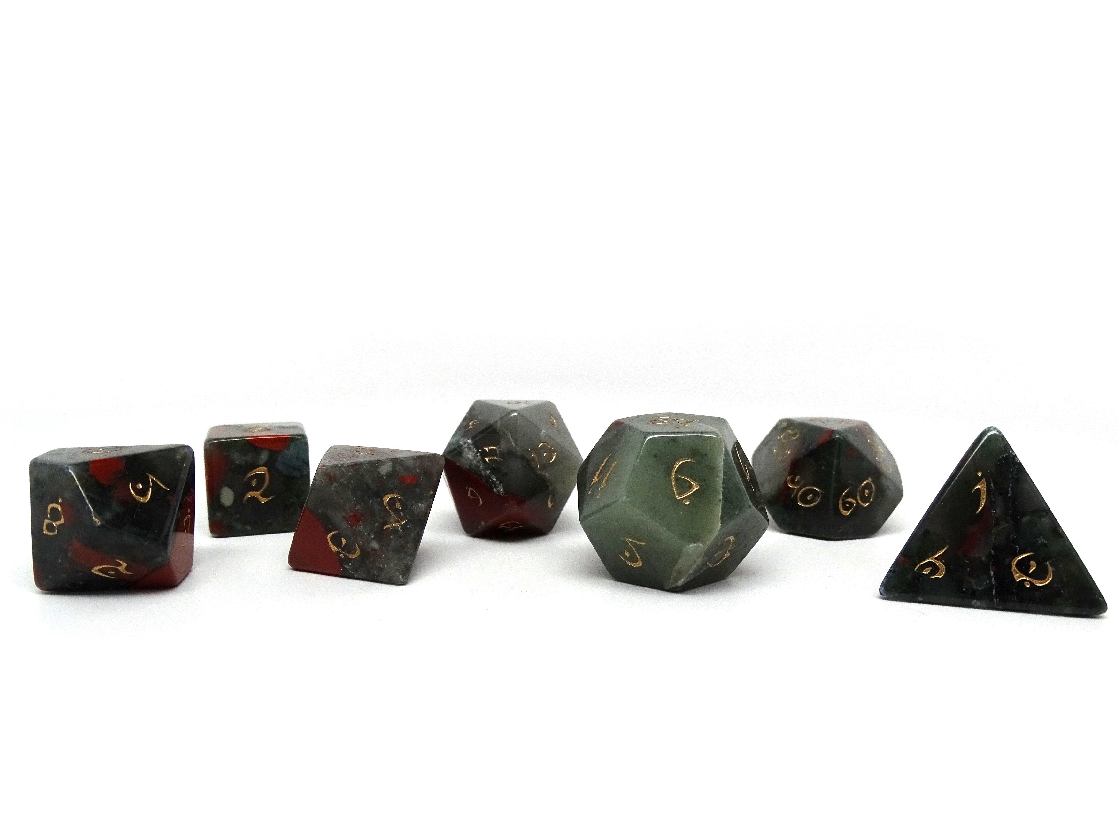 Stone Dice Collection African Bloodstone 7 Piece Collection of Semi Precious Stone Dice with Elvenkind Font 