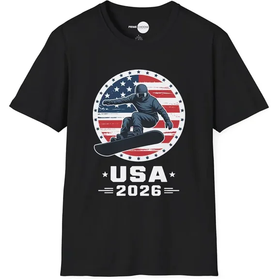 Retro USA 2026 Snowboarding Graphic T-Shirt - Patriotic American Flag Winter Sports Apparel for Men and Women - Vintage Snowboarder Tee