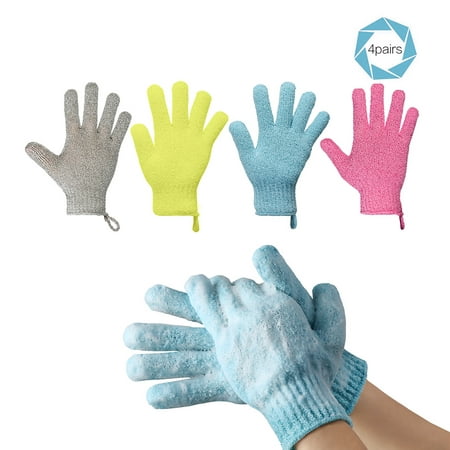 Pretty See High-end Exfoliating Gloves Durable Bathing Gloves for Removing Cutin, 4 Pairs, White, Orange, Blue,