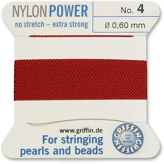 Griffin Nylon Bead Cord Perlseide – Garnet Color – Size 4 (0.60mm) – 2 meters per card – Stainless Steel Needle Attached – For Knotting Pearls, Gemstones, Crystals and Beads