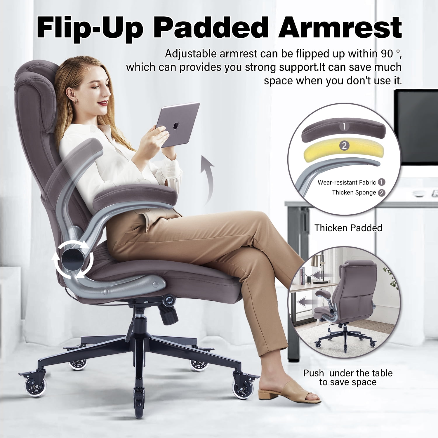High Back Office Chair with Lockable Wheels, 400lbs Large Fabric Executive Desk Chair, Adjustable Lumbar Support Flip up Arms, Ergonomic Home Office Computer Chair with Storage Pocket, Cocoa