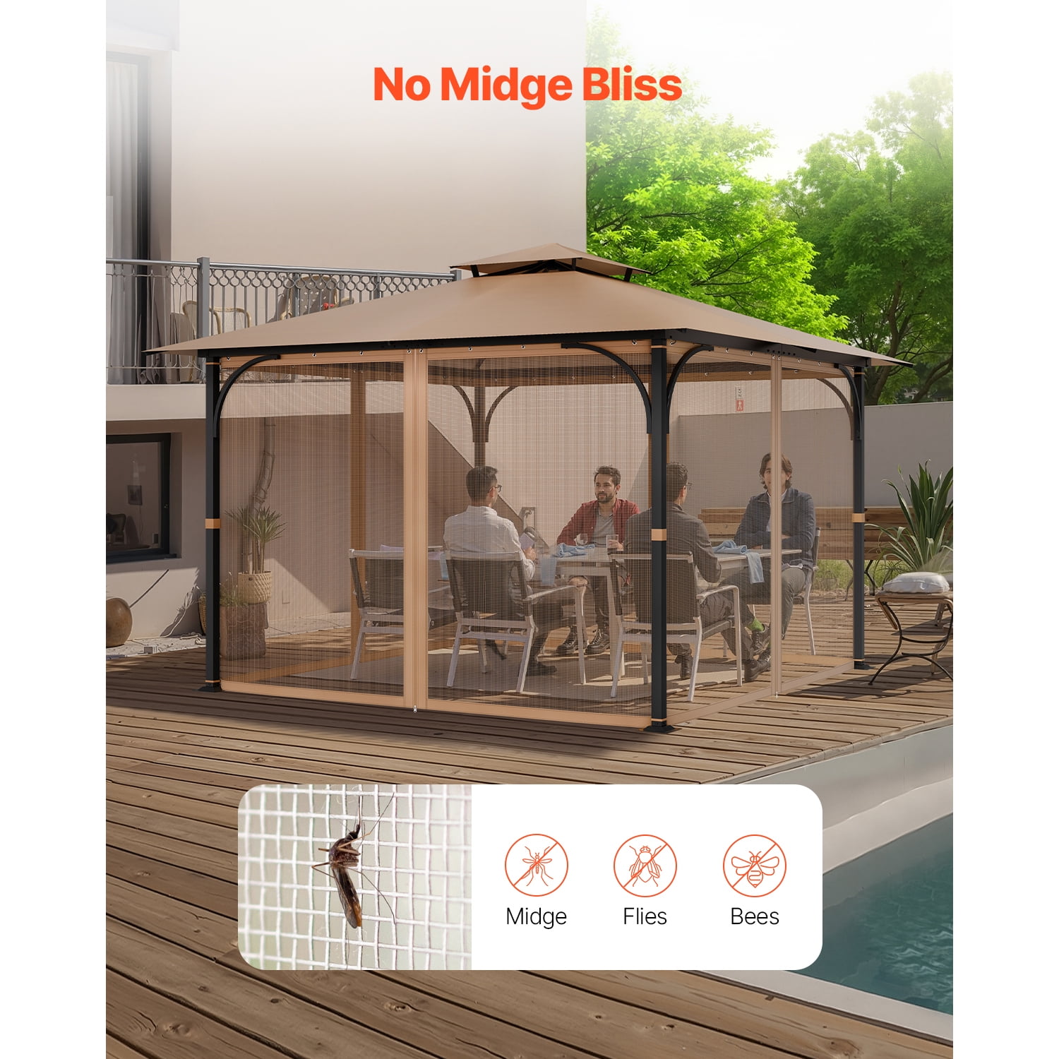 KFFKFF Gazebo Netting Replacement, Compatible with Most 10 x 10 x 7 FT Gazebos, Outdoor Mesh Curtain with 4 Panels, Double Zipper Design, Patio Screen for Insects (Netting Only)