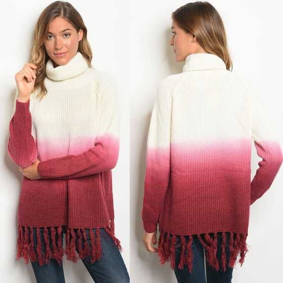 JED FASHION Women's Ombre Fringe Hem Turtleneck Sweater