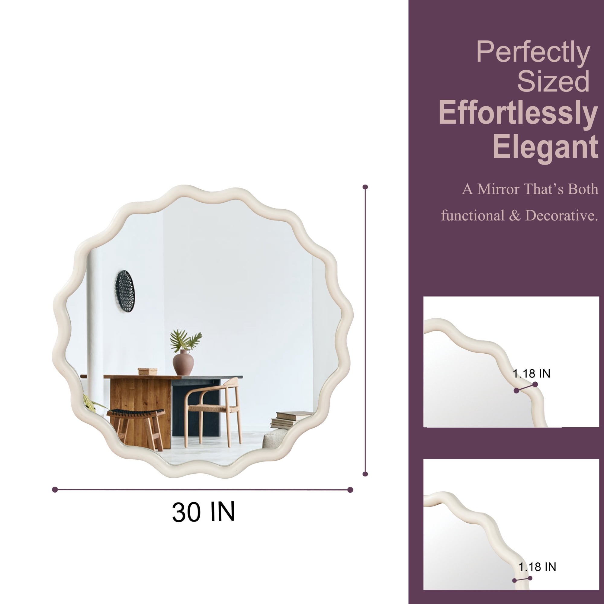 Leumius 30" Wavy Round Mirror, Solid Wood Frame Decorative Mirror for Bedroom Bathroom Living Room Entryway White