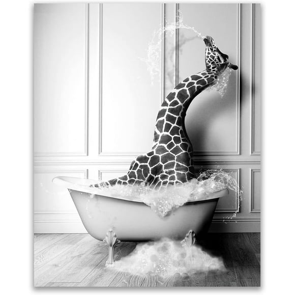 AEFER Giraffe Funny Bathroom Wall Decor - GiraffeBathtub Art Prints Black and White Animals Pictures Poster
