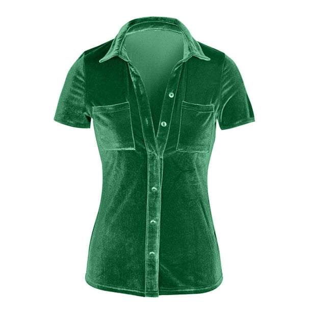 Womens Shirt formal Shirts for Women Women Winter Comfortable Top Blouse Velvet Short Sleeve Solid Elegant Shirt Button Adult Female Clothes Green