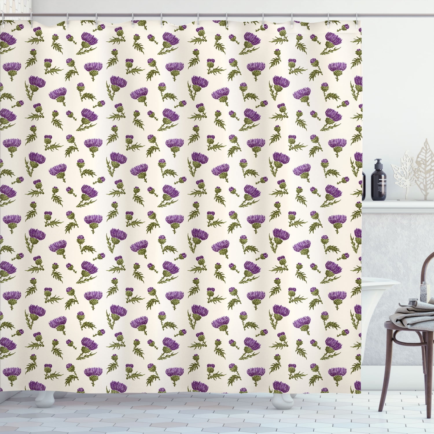 Purple and Yellow Shower Curtain, Thistle Inflorescences Blossoming Wild Flowers Demonstration