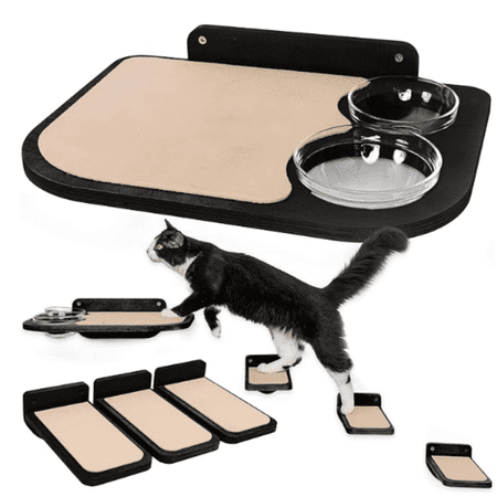 Cat Wall Shelves – Dog Proof Feeding Station with Wall Mounted Shelves, Durable 3 Step Birch Floating Shelf for Cats Up to 15lbs, Includes Attached Cat Food Bowl for Convenient Feeding – Black
