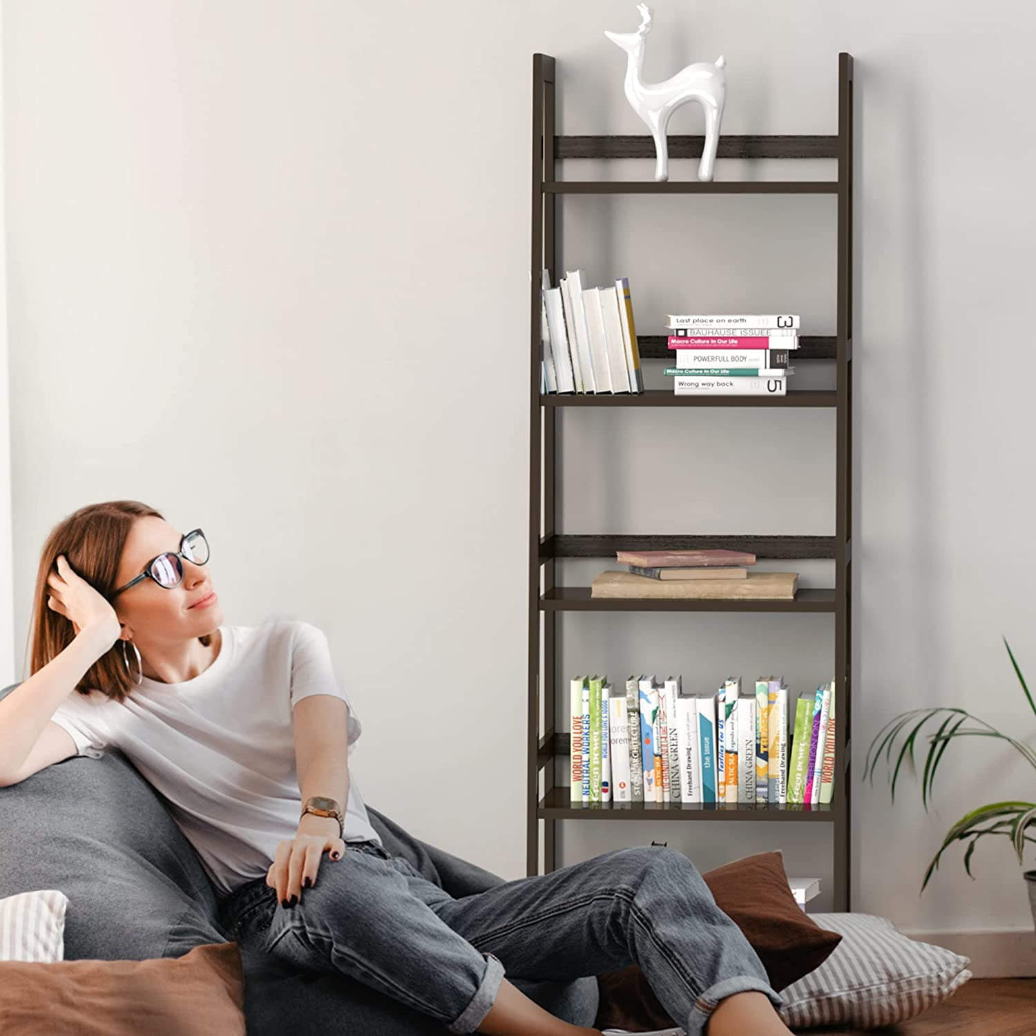 Kadyn Bamboo Bookshelf, 5-Tier Book Shelf Bookcase Bathroom Shelves Freestanding Storage Stand for Living Room, Bedroom, Kitchen, Black