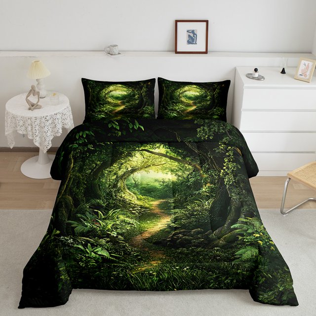 Erosebridal Mystic Jungle Bedding Queen Comforter Set, Green Tree Down Comforter, Fairy Tale Decor, Lightweight 3 Pieces