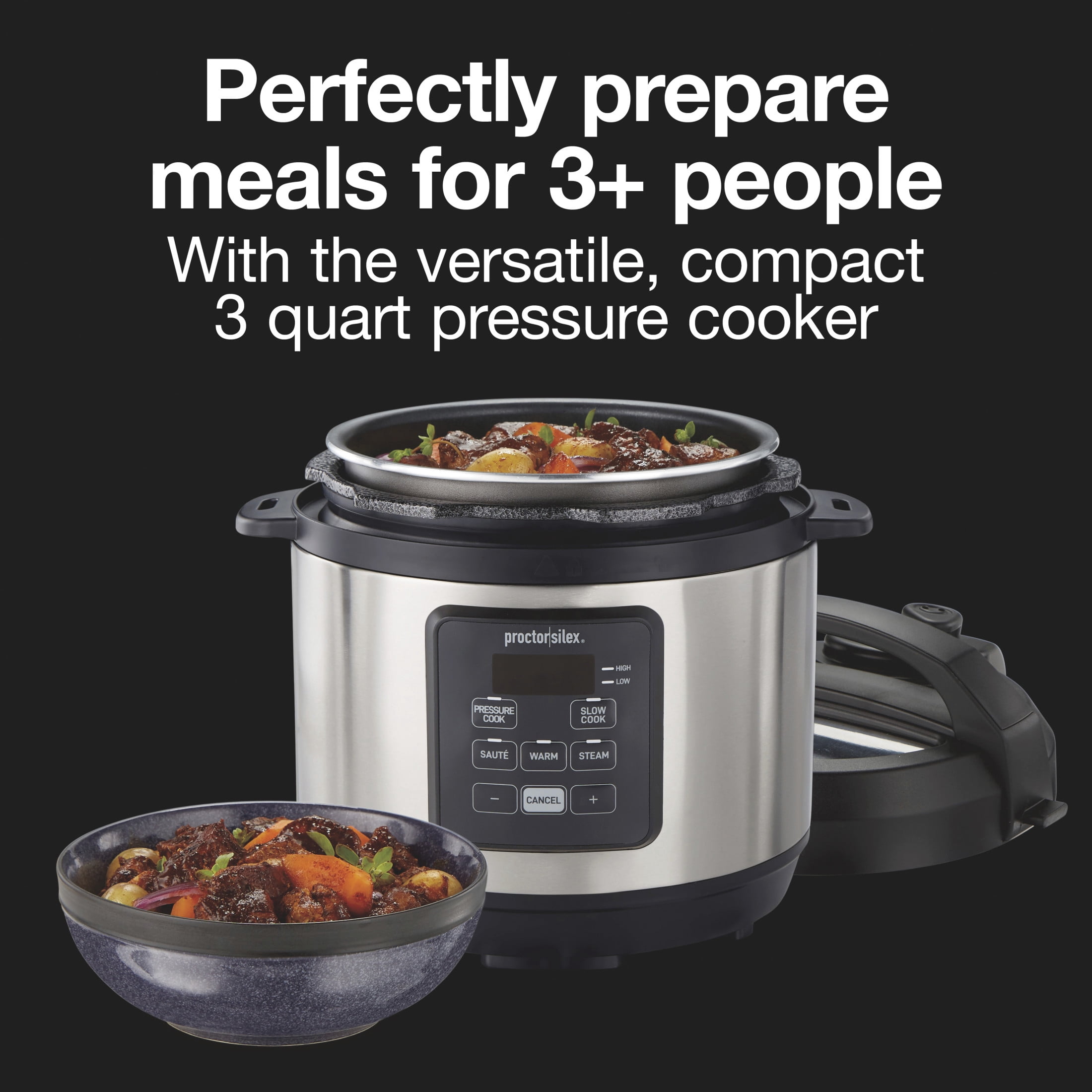 Proctor Silex 3 Quart Simplicity Pressure Cooker, Multi-Cooker, Slow Cooker, Steamer, Sauté, Rice Cooker, True Slow Technology, 34503