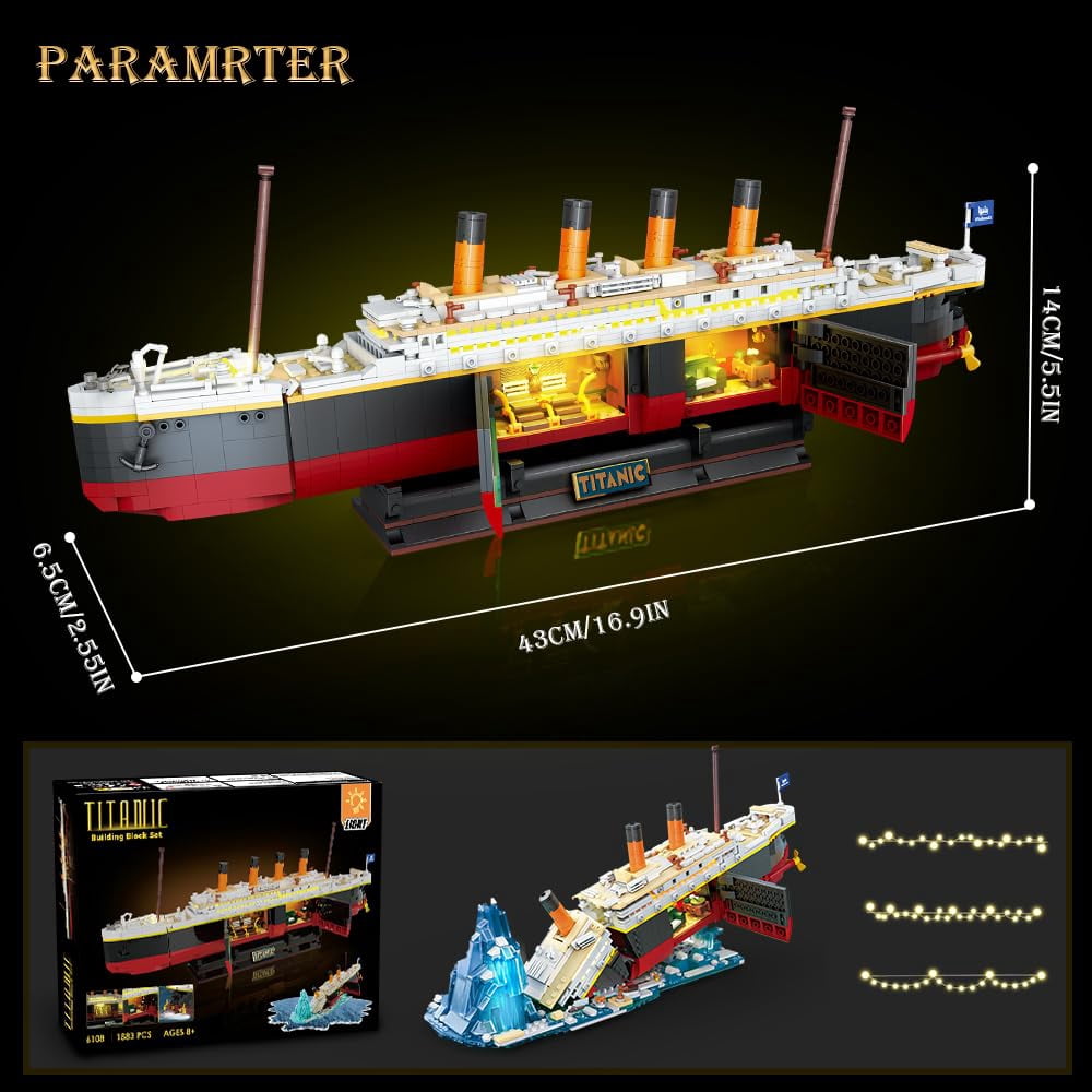 2 in 1 Mini Ship Building Block 1883 PCS with Glacier Display Stand Toy Gift for Adults Teens Kids Aged 10+