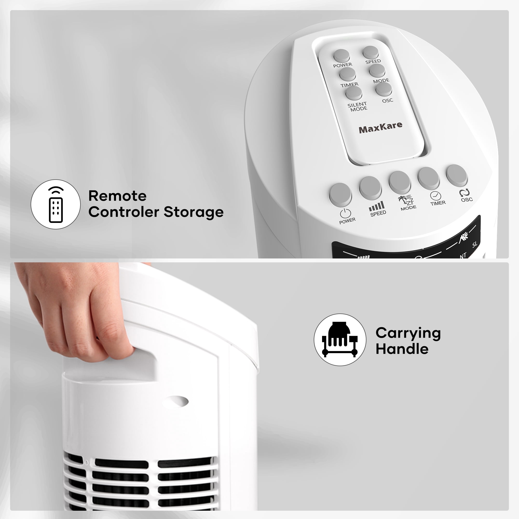 MaxKare 30" Tower Fan with Remote, 3 Speeds and Modes, Oscillating, Timer, White